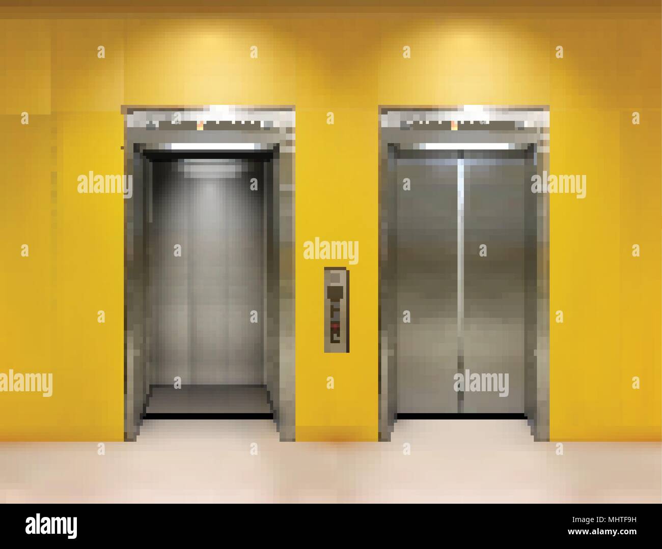 Metall verchromt Bürogebäude Aufzugstüren. Offene und geschlossene Variante. Realistische vector Abbildung gelb Wandpaneele Bürogebäude Aufzug. Stock Vektor