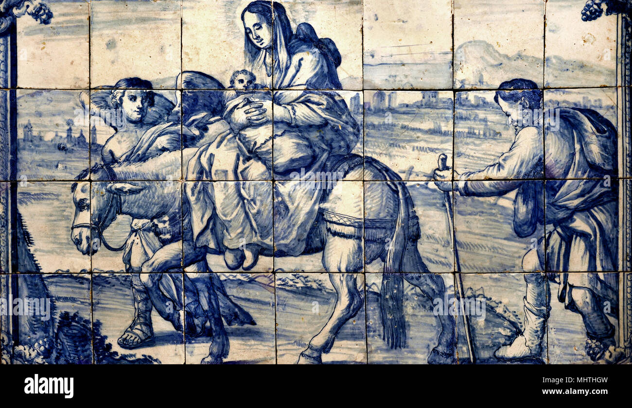 Flucht nach Ägypten Lissabon 1730 18. Portugiesische Azulejo-blauen Kacheln, Portugal Stockfoto