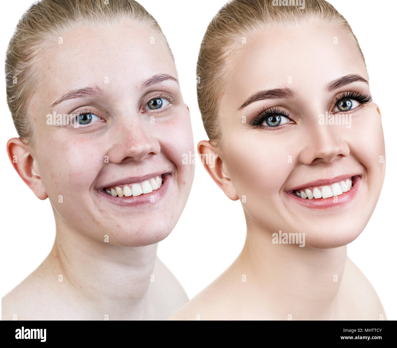 Portrait von Frau vor und nach dem Make-up. Stockfoto