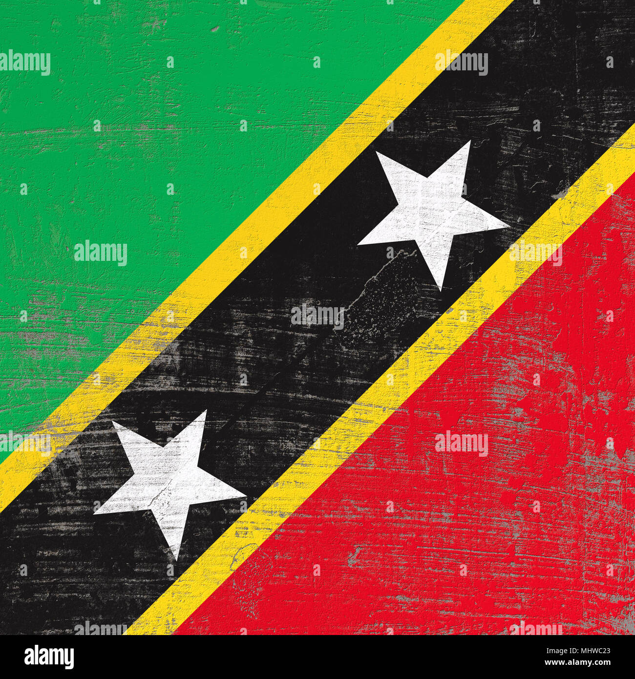 3D-Rendering von Saint Christopher und Nevis Flagge in eine verkratzte Oberfläche Stockfoto
