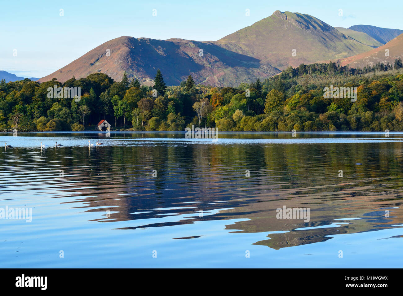 Blick nach Westen über Derwent Water von Keswick im Nationalpark Lake District in Cumbria, England Stockfoto