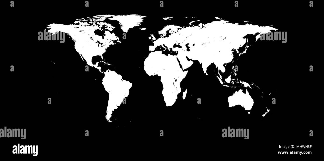 Weltkarte weiße Silhouette isoliert auf schwarzen Hintergrund, 3D-Darstellung Stockfoto