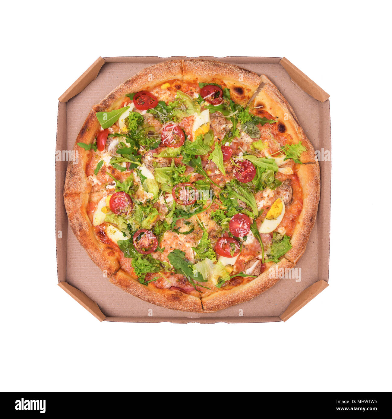 Pizza in der Box isoliert. Stockfoto