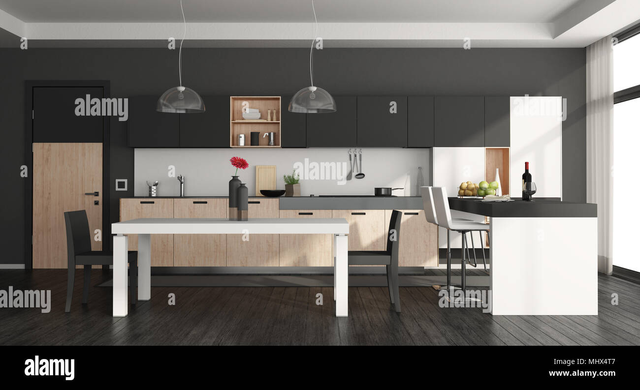 Schwarz und Weiß moderne Küche mit Insel und Esstisch - 3D-Rendering Stockfoto