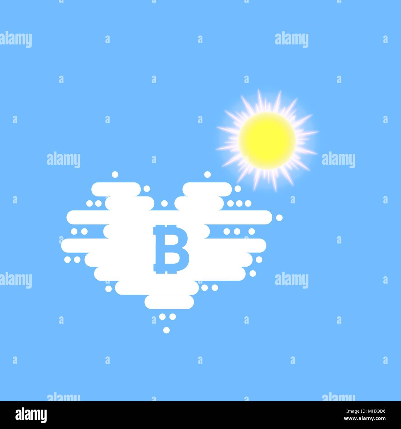 In der Wolke und Sonne in der Form eines Herzens mit Schatten und blauer Himmel Hintergrund Bitcoin Stock Vektor