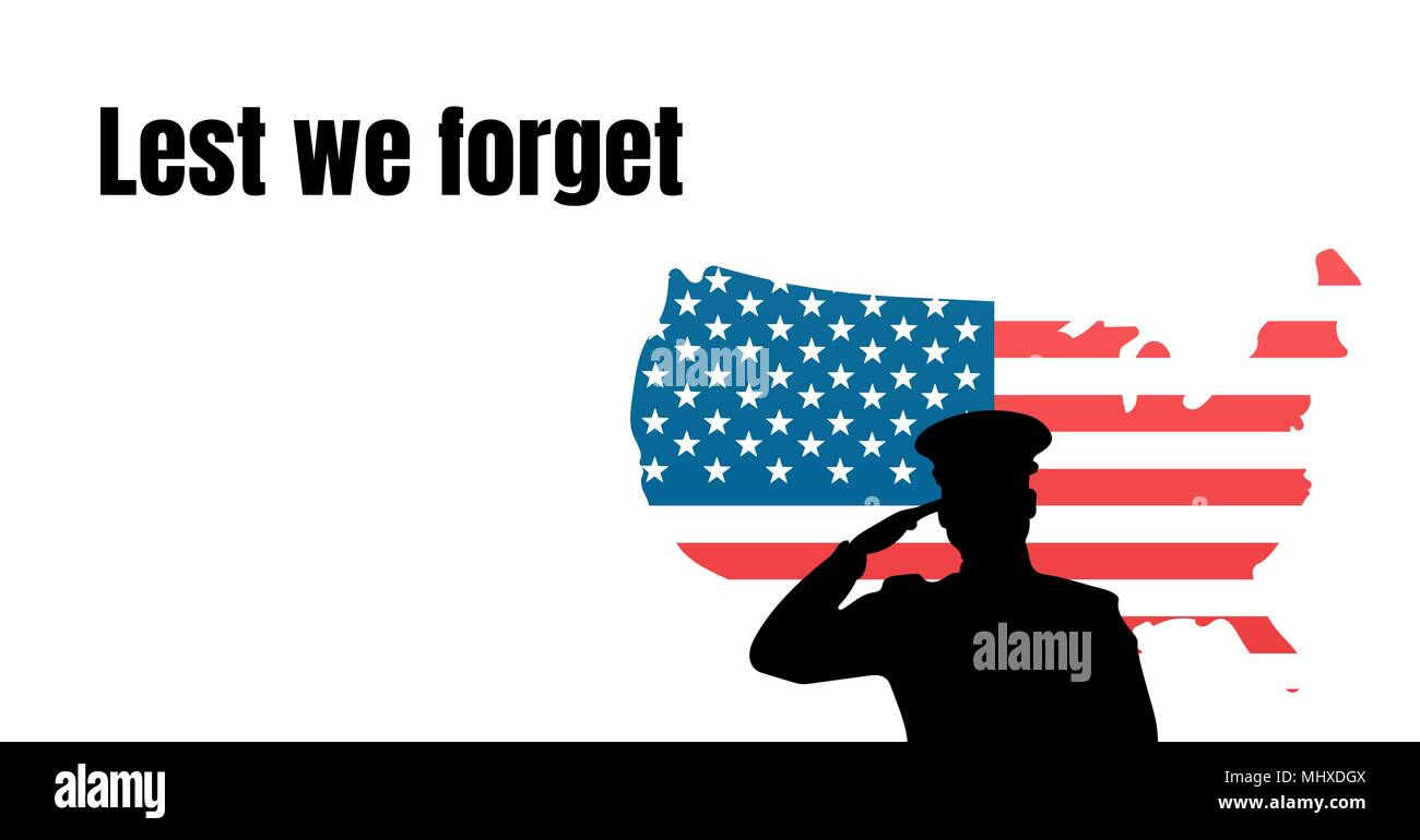 Memorial Day text und Soldat vor American country Flag posing Stockfoto