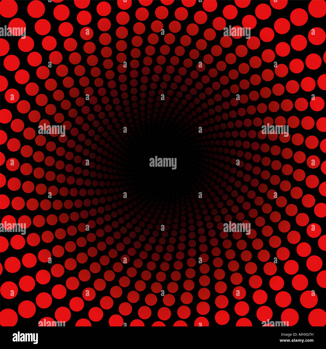 Spiralförmige Muster mit roten Punkten, Tunnel mit schwarzem Zentrum - twisted Rundschreiben fraktale Hintergrundbild - kraftvoll, dynamisch, hypnotisch, psychedel Stockfoto