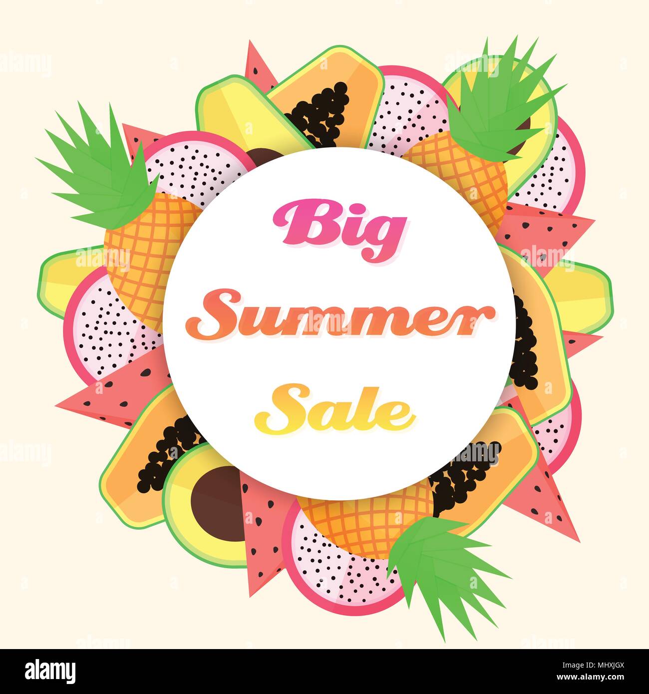 Vektor Tropical fruit Big Summer Sale Vorlage. Mit Wassermelone, Drachenfrucht, Papaya, Avocado und Ananas. Stock Vektor