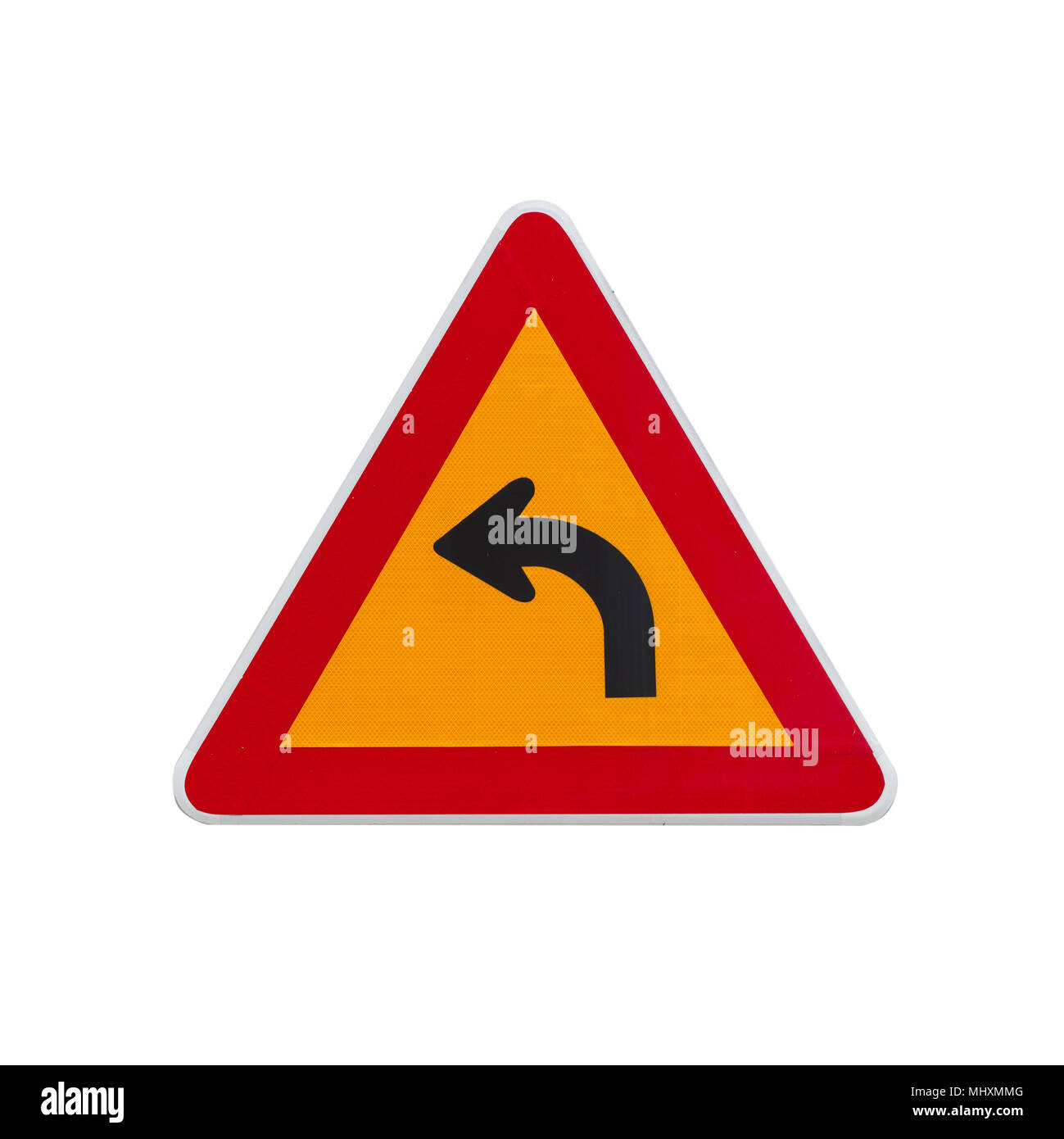 Gefährliche biegen Sie links, Warnung Verkehrsschild auf weißem Hintergrund Stockfoto