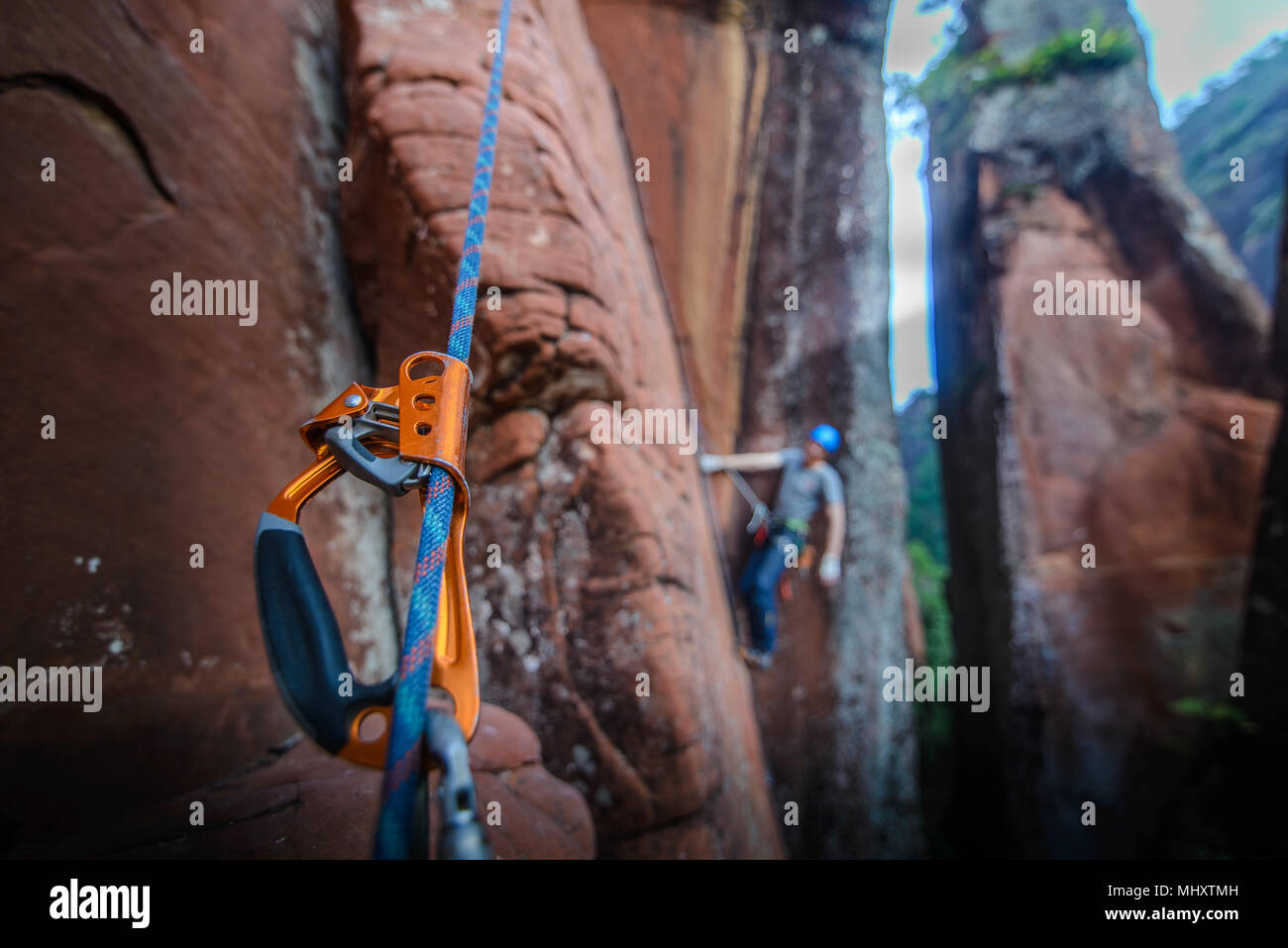Kletterer klettern Sandsteinfelsen, Fokus auf Anlagen im Vordergrund, Kalken, Provinz Yunnan, China Stockfoto
