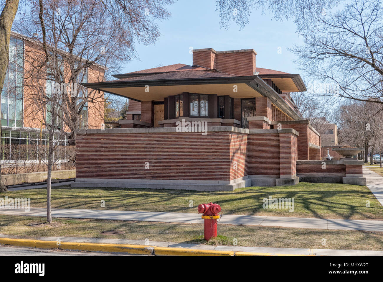 CHICAGO, IL - APRIL 08,2018 - Frederick C. Robie Haus, entworfen vom amerikanischen Architekten Frank Lloyd Wright und 1910 gebaut Stockfoto