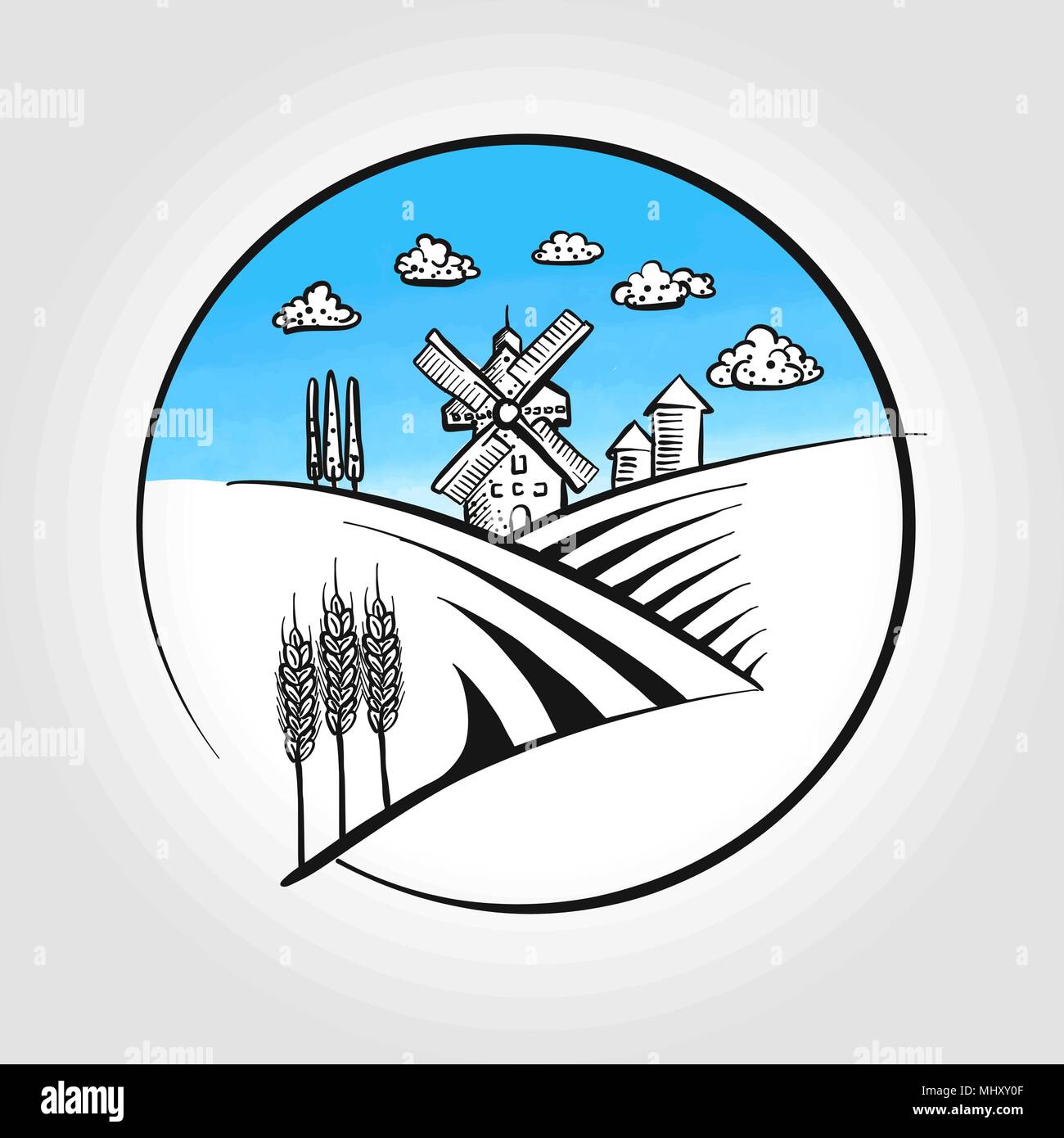 Handgezeichneten Mühle Symbol mit Landschaft und blauer Himmel. Vektor Skizze für Werbung und Logo Design Stock Vektor