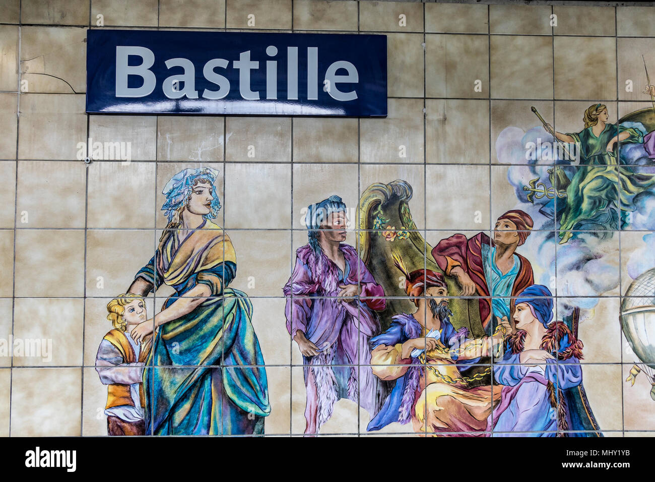 U-Bahnhof Bastille auf die Pariser Metro mit keramischen Fliesen mit der Darstellung der Sturm auf die Bastille am 14. Juli ,1789 Stockfoto