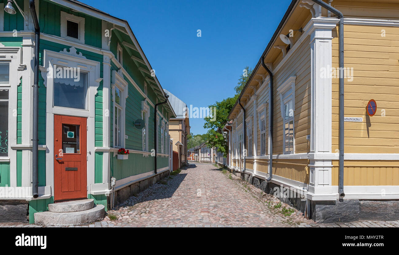 Historische Stadt timberhouses, Stadt Rauma, Finnland Stockfoto