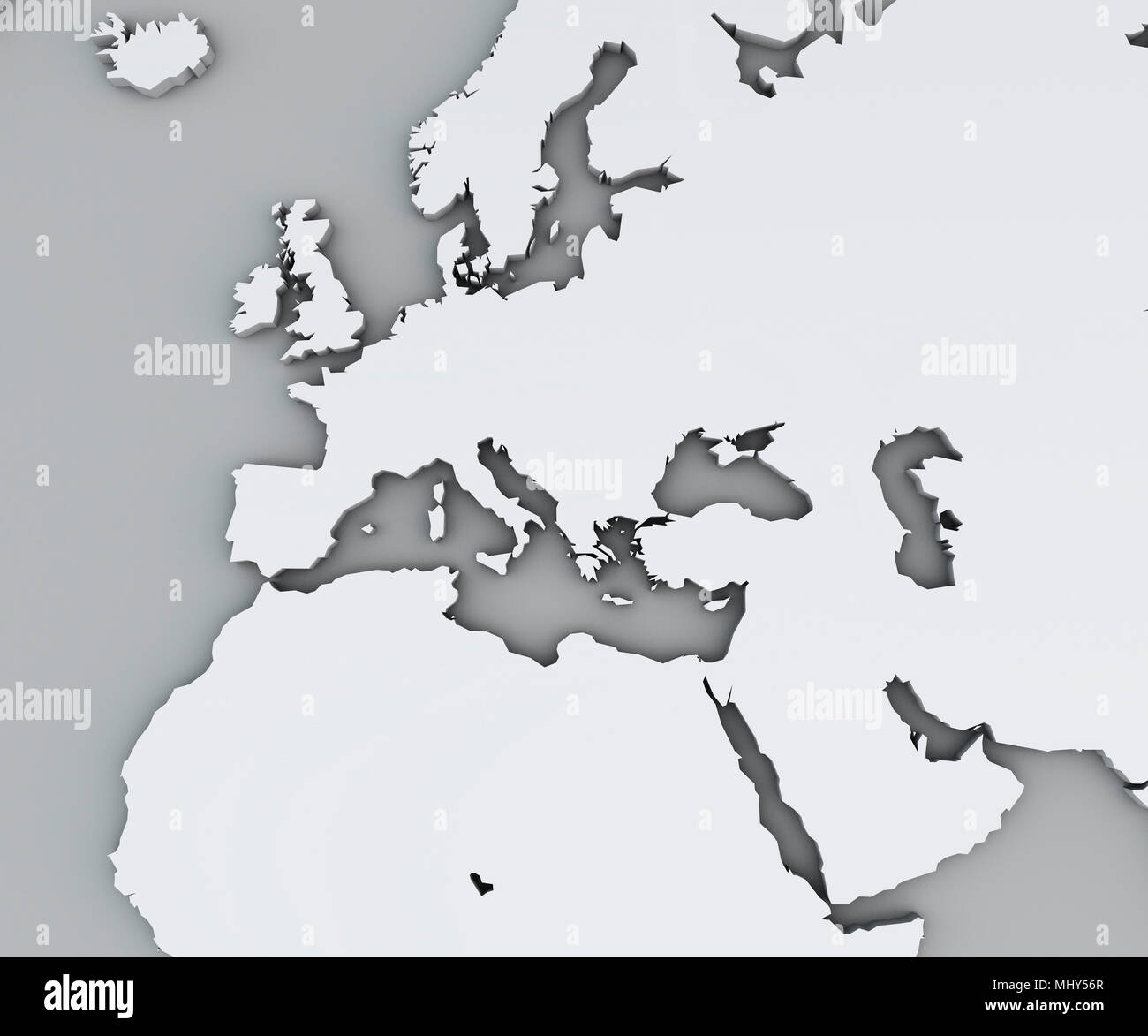 Karte von Mittelmeer und Europa, Afrika und dem Nahen Osten. Kartographie, geographische atlaswhite geografische Karte, Physik Stockfoto