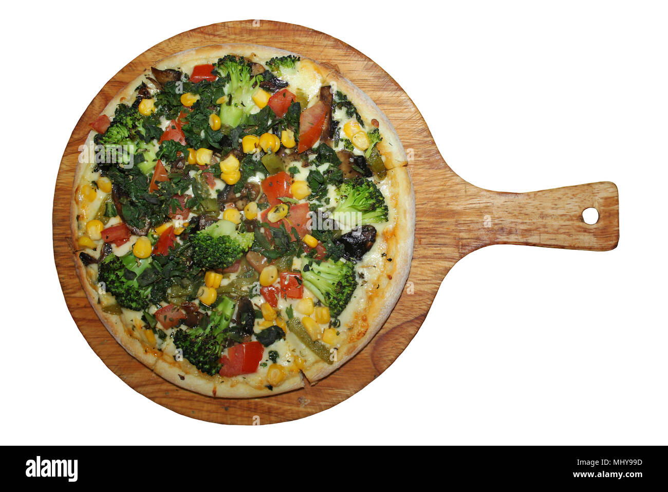 Gemüse Pizza isoliert auf weißem Stockfoto