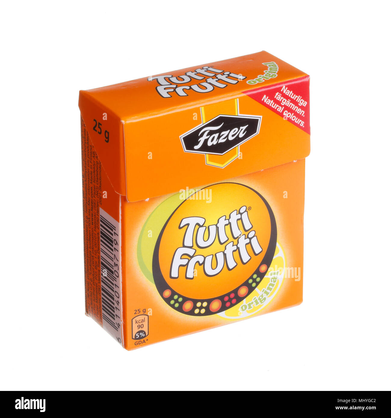 Stockholm, Schweden - 31. August 2014: ein Paket von 25 g Bonbons Tutti  Frutti von Fazer für den schwedischen Markt hergestellt, isoliert auf  Weiss. Marke Stockfotografie - Alamy