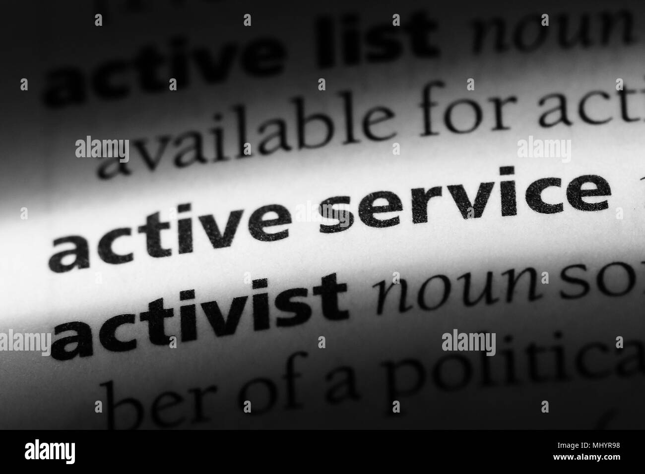 Active Service Wort in einem Wörterbuch. aktive Service Konzept. Stockfoto