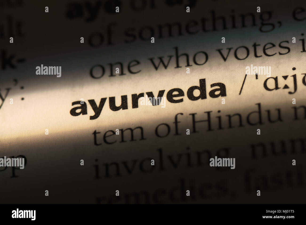 Ayurveda Wort in einem Wörterbuch. Ayurveda-Konzept. Stockfoto