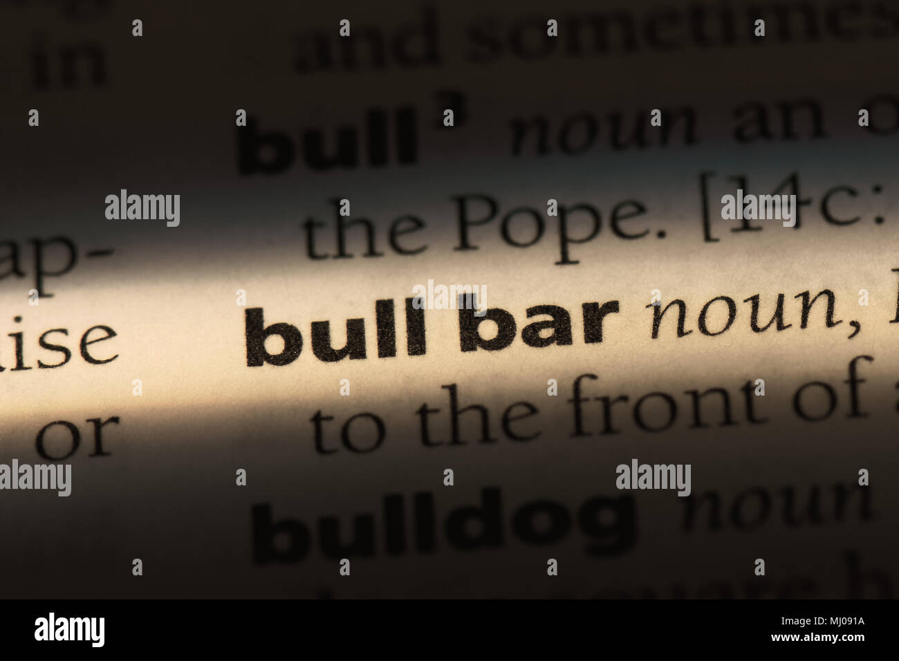 Bull bar Wort in einem Wörterbuch. Bull bar Konzept. Stockfoto