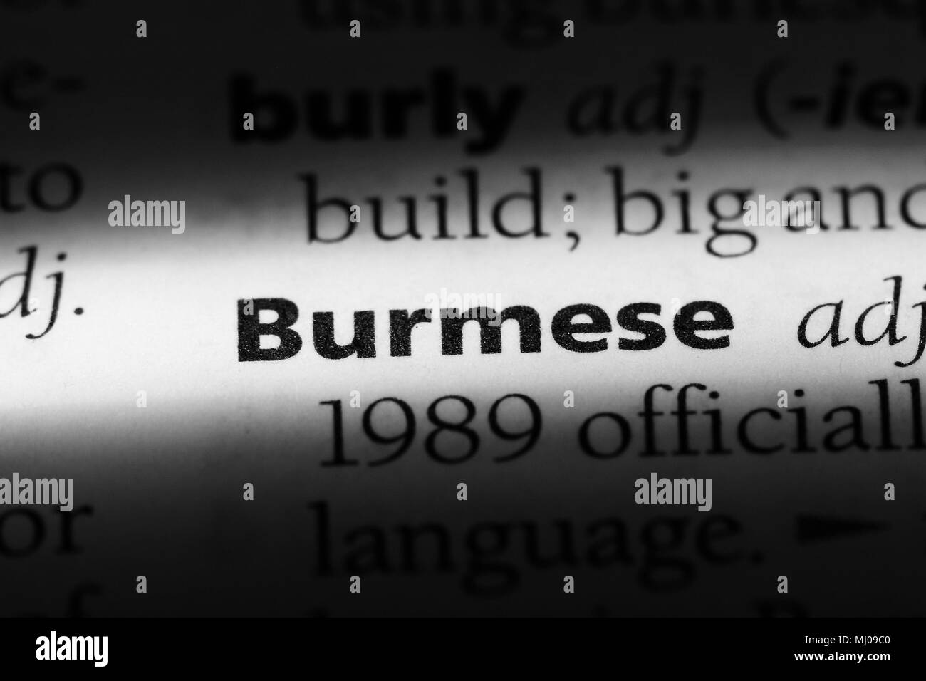 Burmesischen Wort in einem Wörterbuch. burmesischen Konzept. Stockfoto