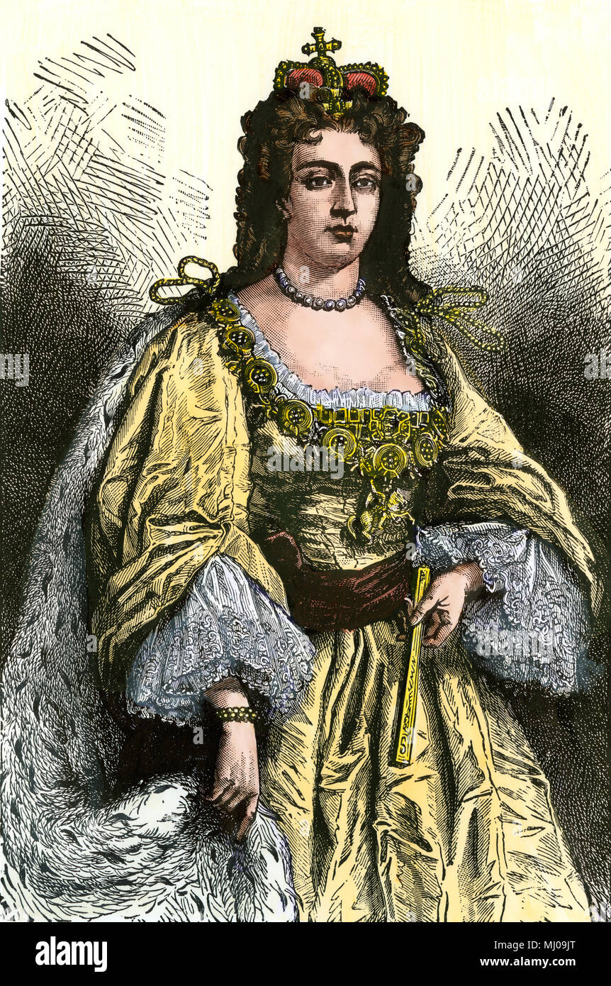 Queen Anne von England. Hand - farbige Holzschnitt Stockfoto