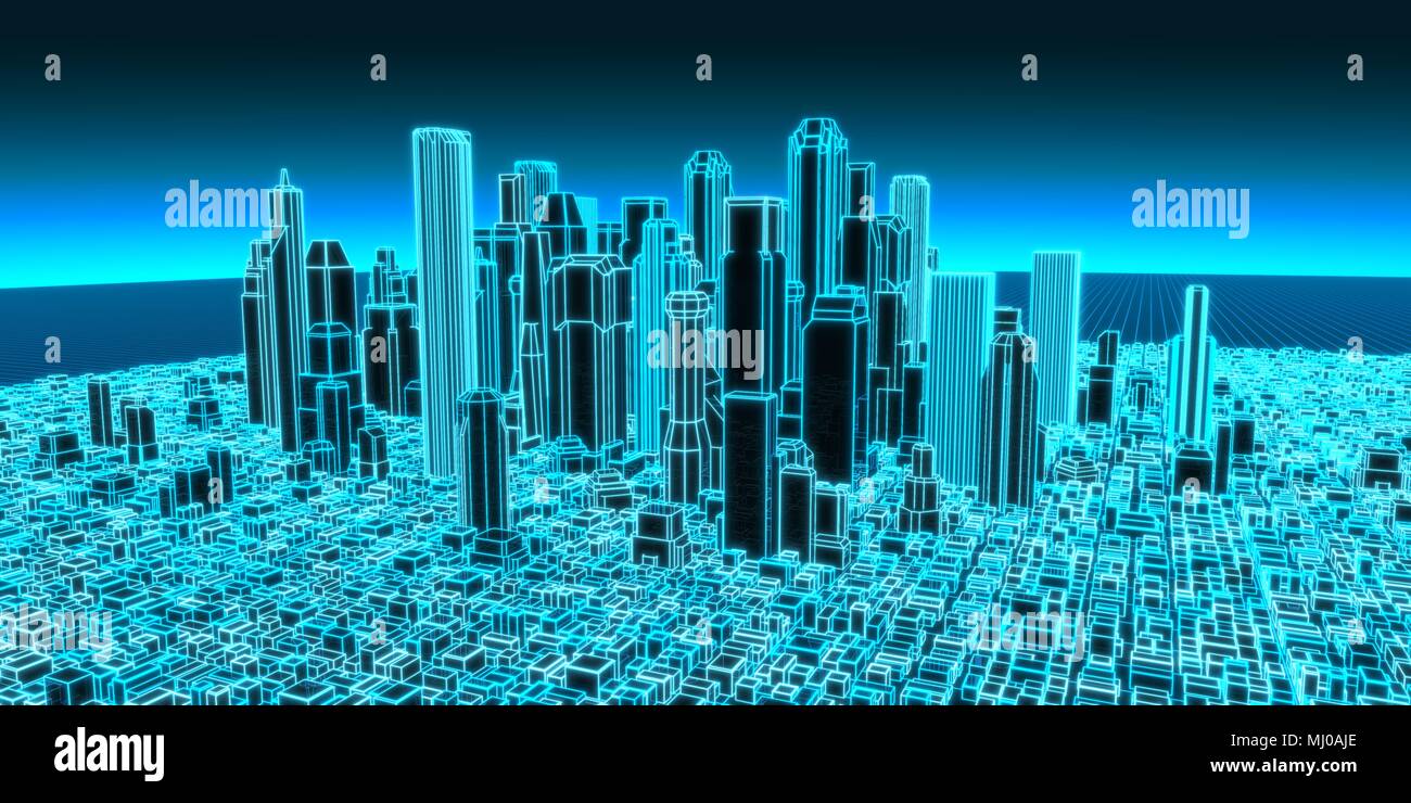 3D holographische Abbildung der Stadt. Geeignet für Technologie, Internet und futuristische Themen. Stockfoto