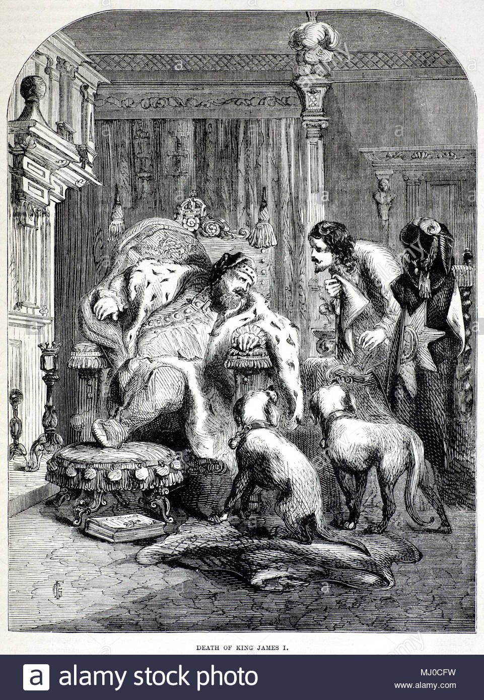 Tod von König James I, 1566 - 1625, König von Schottland als James VI. von 1567 und der König von England und Irland als James I von der Vereinigung des schottischen und englischen Kronen am 24. März 1603 bis zu seinem Tod im Jahre 1625, antike Darstellung von ca. 1880 Stockfoto