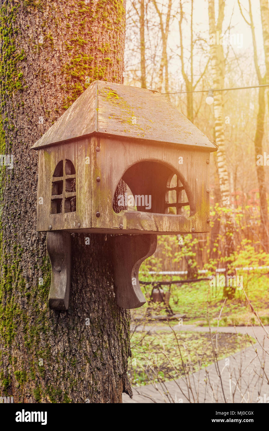 Alte hölzerne birdhouse auf einem Baum in Forest Park, hand Holz Schutz für Vögel den Winter zu verbringen Stockfoto