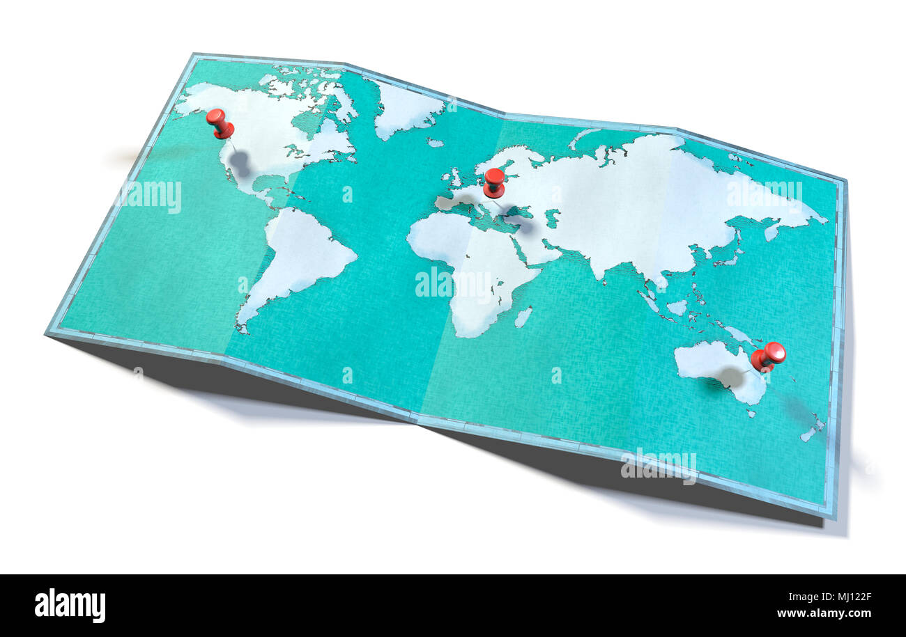 Weltkarte, Hand gezeichnet, illustrierte Pinselstriche, geografische Karte, physische. Platzhalter auf Karte anzeigen. Stacheln stecken auf der Karte Stockfoto
