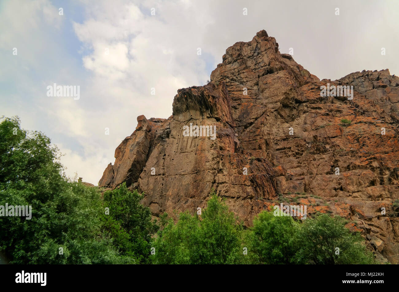 Buddha Bild auf dem Felsen über Kar Gah Fluss, Karakorum, Gilgit-Baltistan, Pakistan Stockfoto