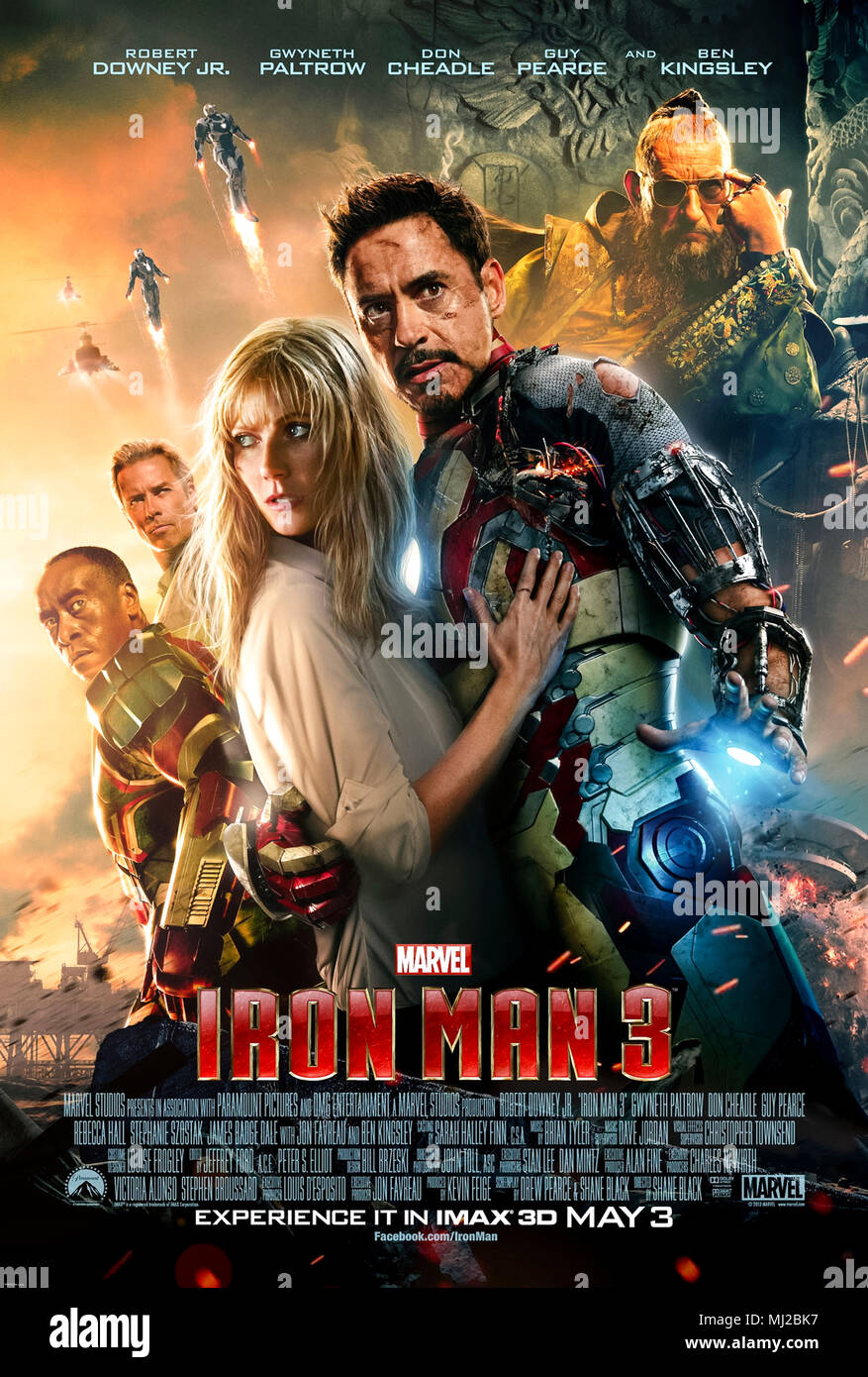 Iron Man 3 (2013) Regie: Shane Black und Hauptdarsteller Robert Downey Jr., Guy Pearce und Gwyneth Paltrow. Die Dinge werden persönliche wenn Tony Stark von der bösartigen Mandarin ausgerichtet ist. Stockfoto