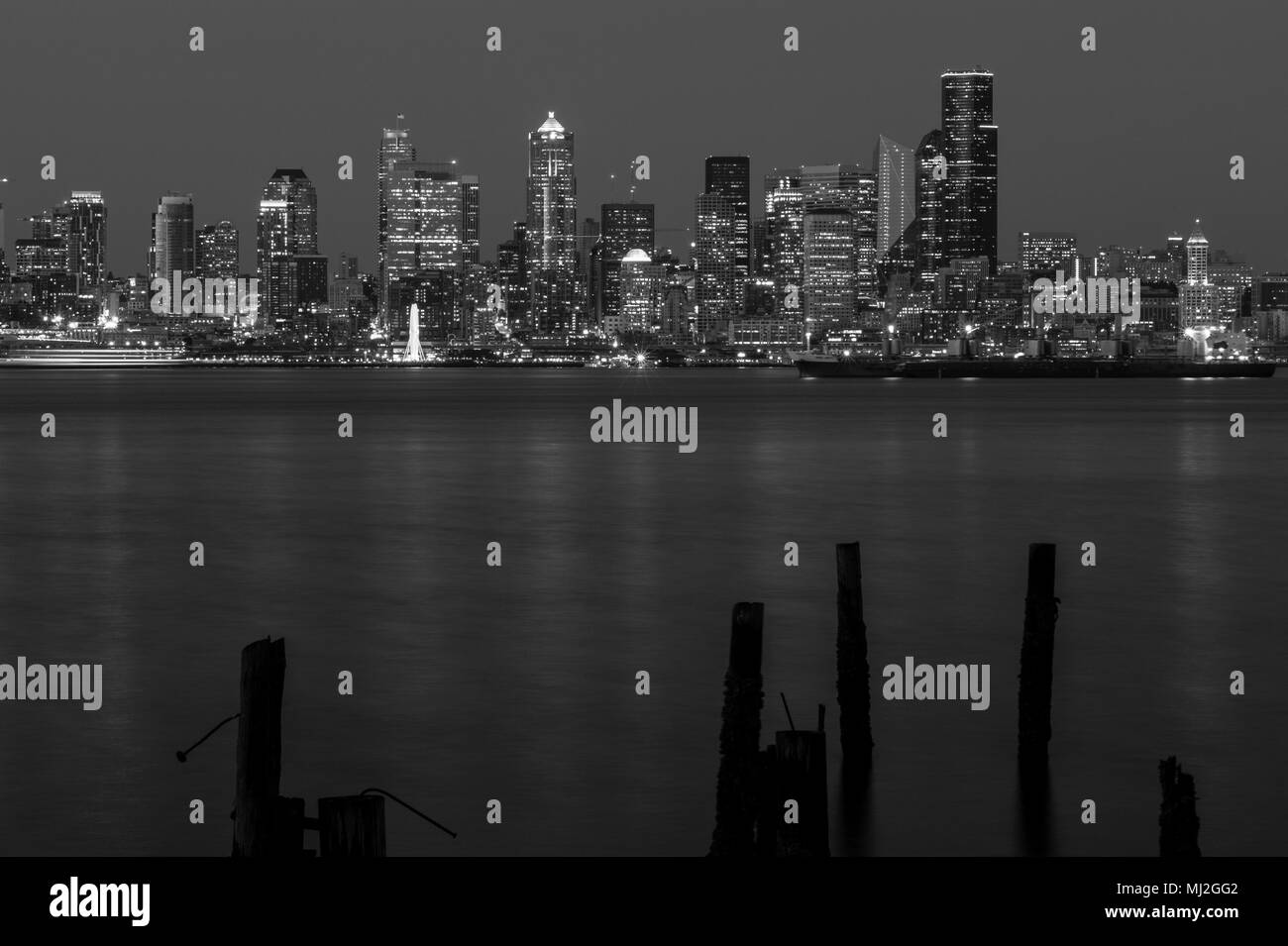 Retro-Bild der Skyline von Seattle in Schwarz und Weiß Stockfoto