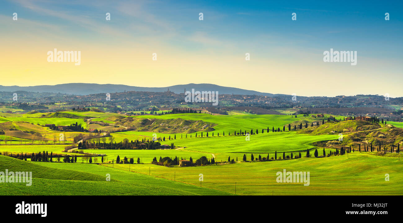 Siena Stadt Panoramablick auf die Skyline, die Landschaft und die Hügel in einem nebligen Tag. Toskana, Italien, Europa. Stockfoto