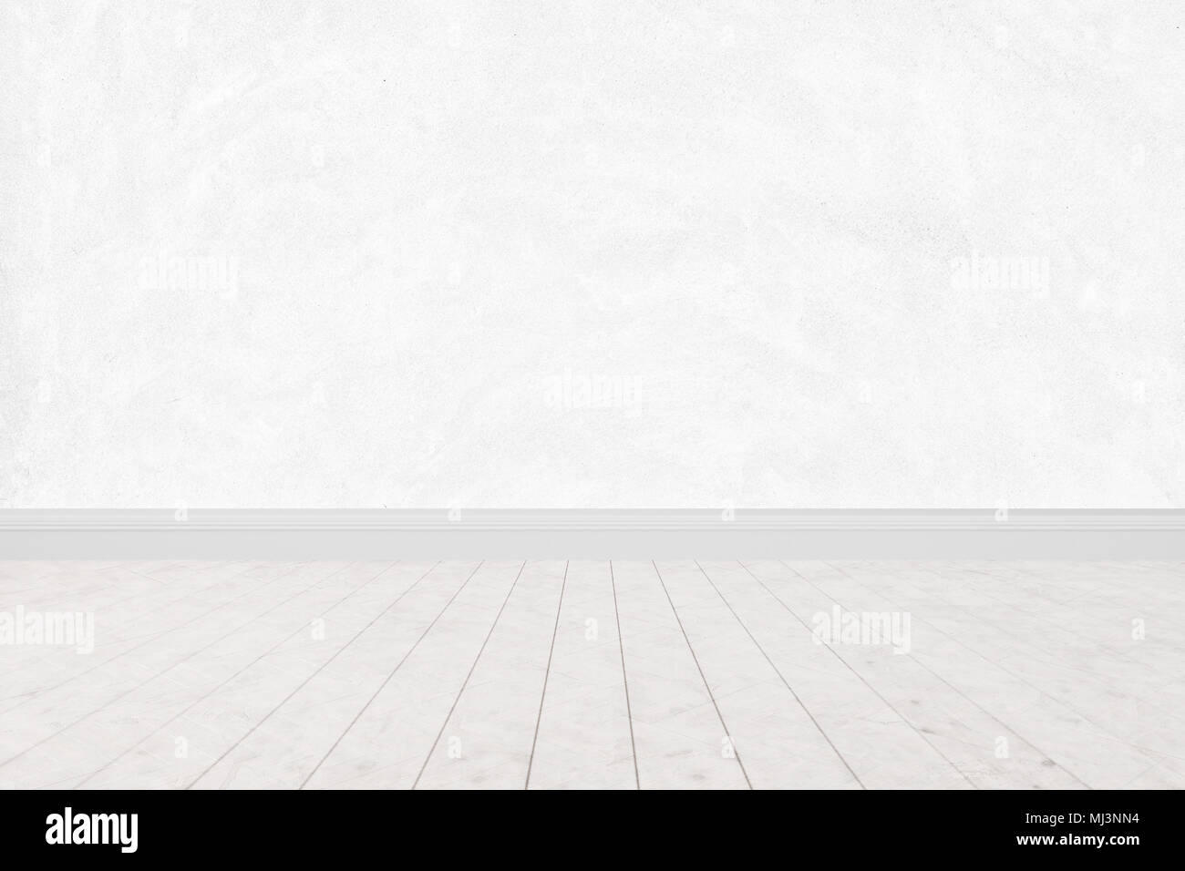 Leere Zimmer weißer Beton Wand, weiß Holzboden minimale Interieur Hintergrund für Design Stockfoto