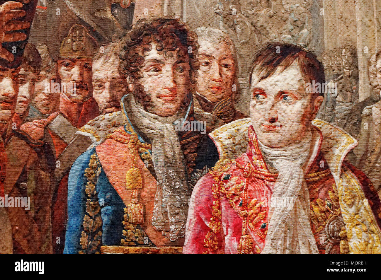 Detail einer hohen warp Wandteppich mit Napoleon und seinem Schwager Murat, die Armee Delegierte nach seiner Krönung Stockfoto