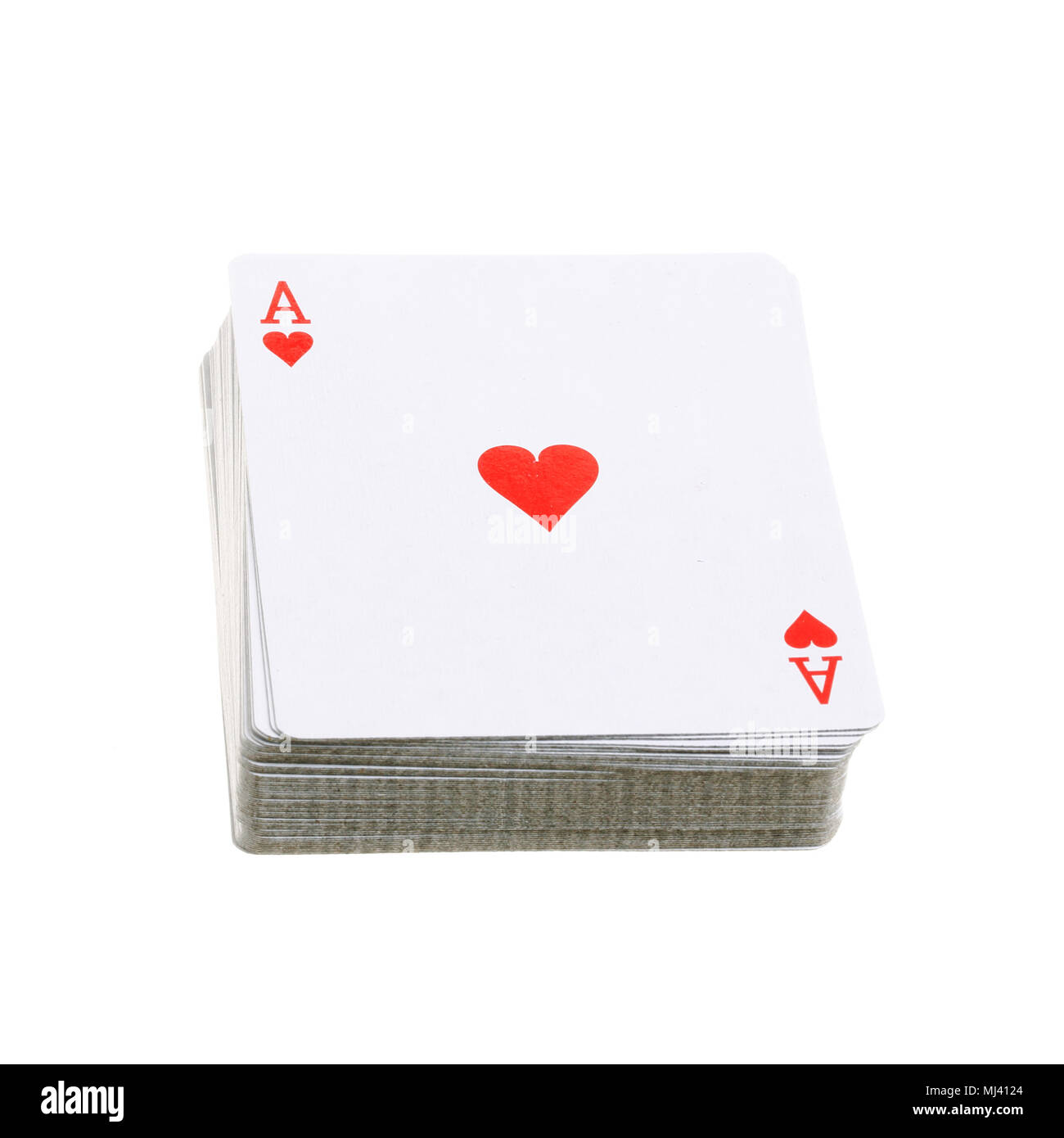 Ein Kartenspiel mit Herz Ass auf weißem Hintergrund. Stockfoto