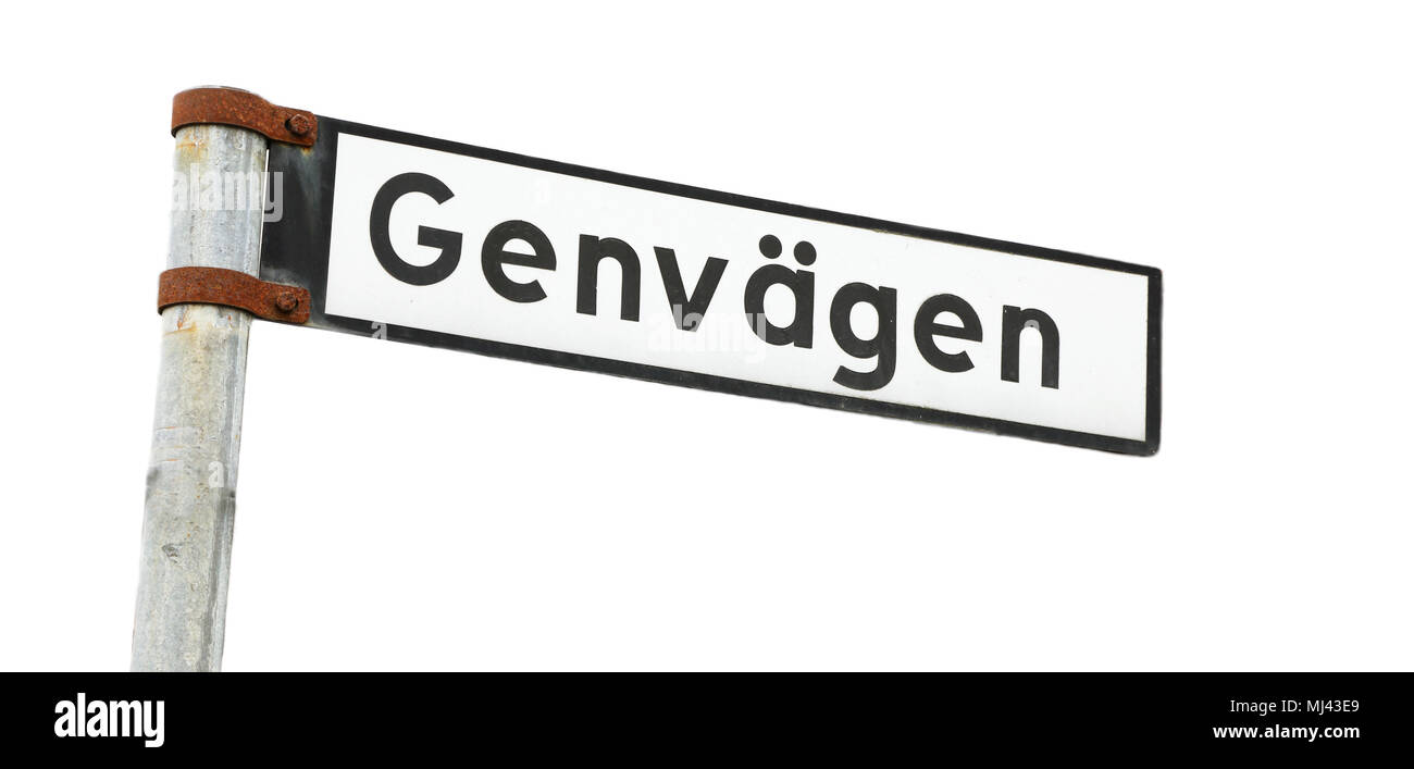 Schwedische Straßennamen Wegweiser für Genvagen (Verknüpfung) auf weißem Hintergrund. Stockfoto