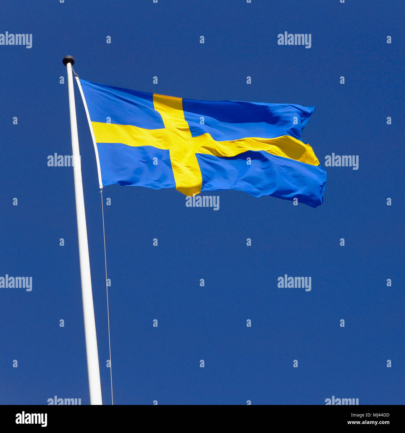 Schwedische Flagge Sonnenbeschienenen an der frischen Wind auf einem Fahnenmast vor einem klaren blauen Himmel. Stockfoto