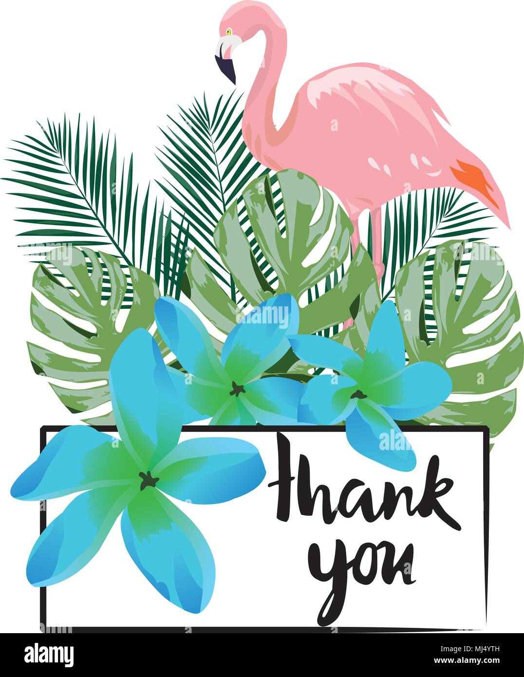 Vector Abbildung: Danke Karte mit Flamingo, tropische Blumen, Blätter Stock Vektor