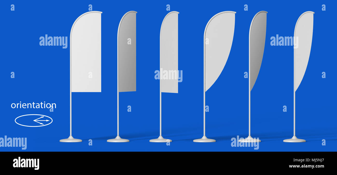 Leere Förderung Flaggen in verschiedenen Winkeln mit weiß auf blauem Hintergrund. Die Aussicht von der Seite. 3D-Illustration isoliert. Mock Up Template Re Stockfoto
