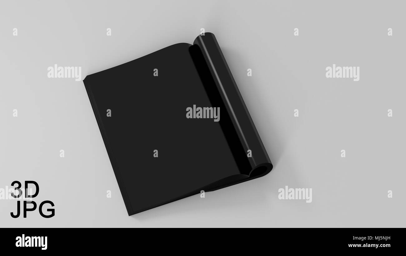 Leeren Schwarzen geöffnet Zeitschrift, Buch, Heft, Broschüre. Abbildung isoliert auf weißem Hintergrund. Vorlage bereit für Ihr Design Mock. Stockfoto