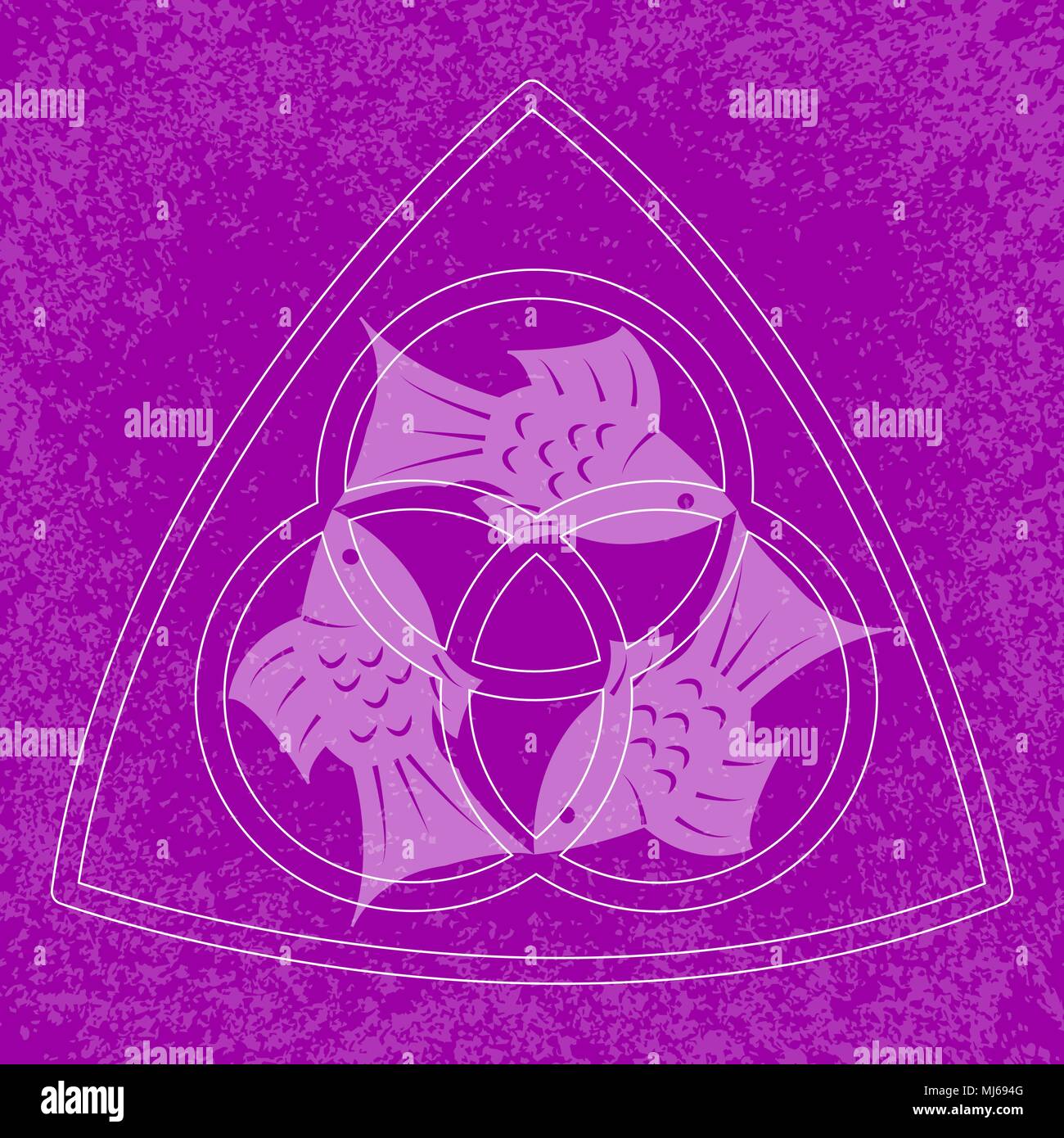 Trinity Sonntag. Das Konzept eines religiösen christlichen Feiertag. Drei Fische, symmetrisch. Drei Kreise, ein abgerundetes Dreieck. Auf Lila grunge Stock Vektor