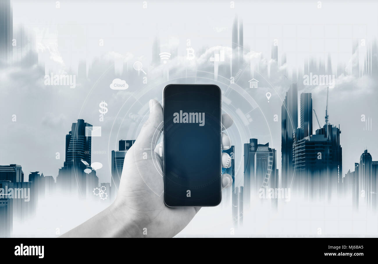 Hand, Smart Phone, und Technologie Anwendung Technologie Symbole. Mobile Anschlusstechnik Stockfoto