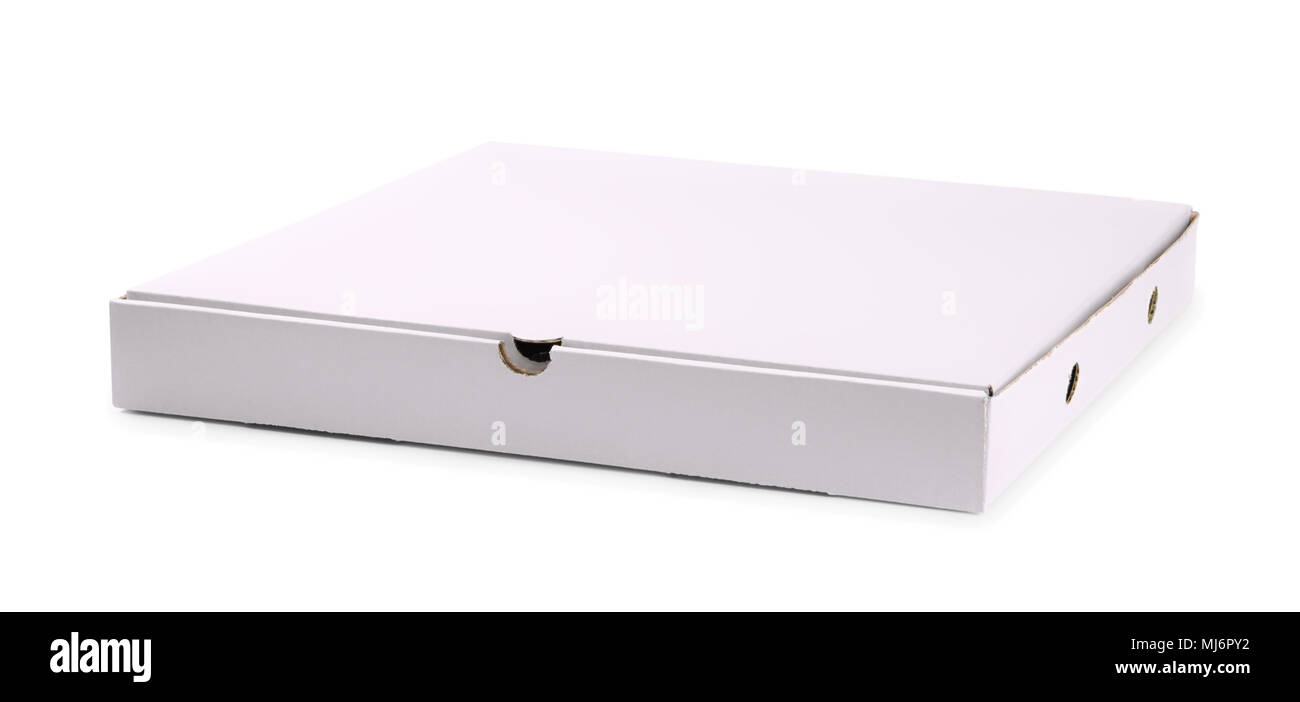 Leere Kartons pizza box isoliert auf weißem Stockfoto