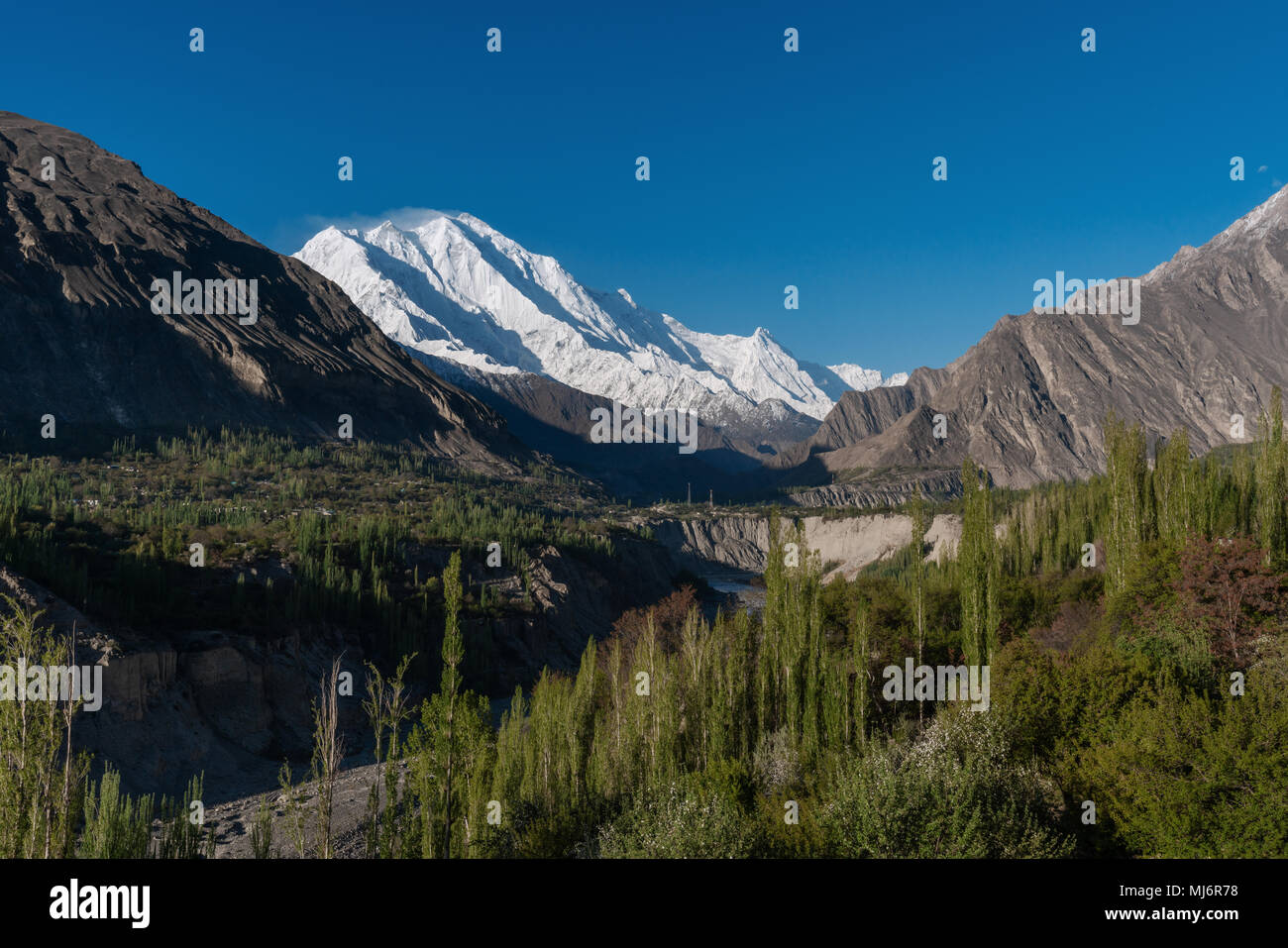 Hunza tal Landschaft, Sommer Wald und Bergrücken mit Rakaposhi Berg in Pakistan Stockfoto