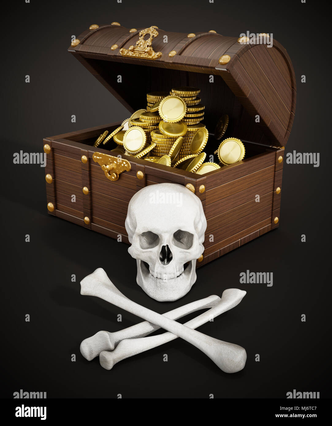 Truhe voller Gold, Schädel und Knochen. 3D-Darstellung. Stockfoto