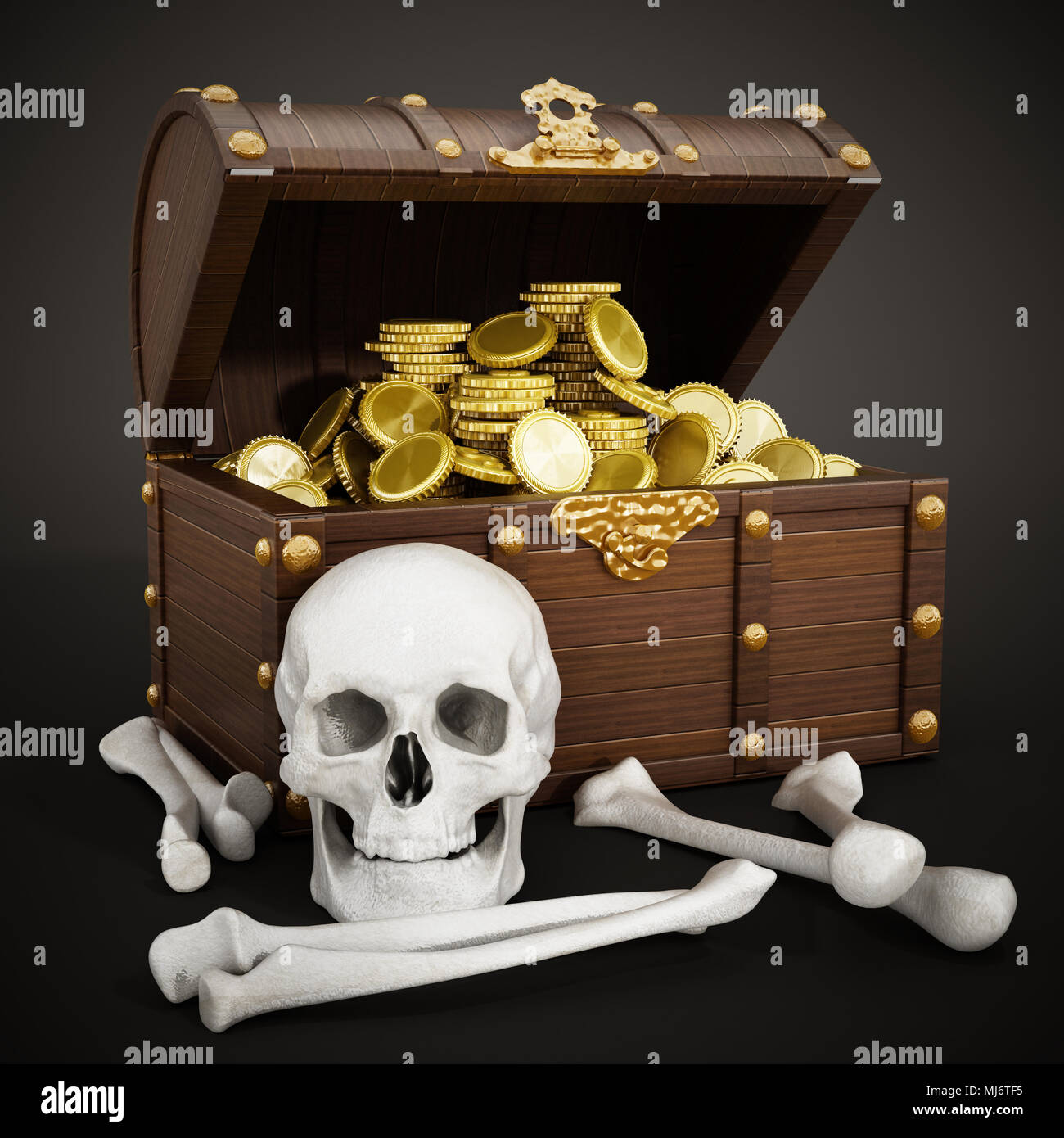 Truhe voller Gold, Schädel und Knochen. 3D-Darstellung. Stockfoto