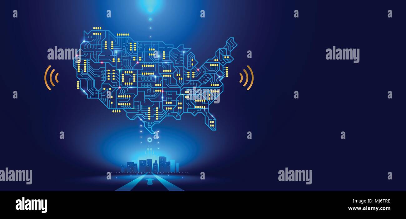 Abstrakte Kommunikation Netzwerk Karte USA oder Amerika als eine Leiterplatte. Smart City mit dem Land verbunden. Technologiekonzepte Stock Vektor