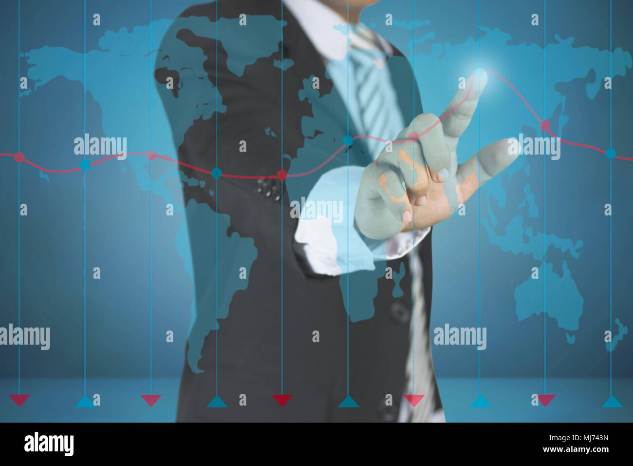 Business Mann an Wachstum graph und Geschäftskonzept auf dunkelblauem Hintergrund mit Karte zeigen. Investitionen, Finanzen, Geschäft, Erfolg Zukunft Technologie ein Stockfoto
